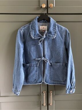 Feminine Jean Coat, Sunset Lane, Double Tie,Ruffle Collar, Dark Denim, M